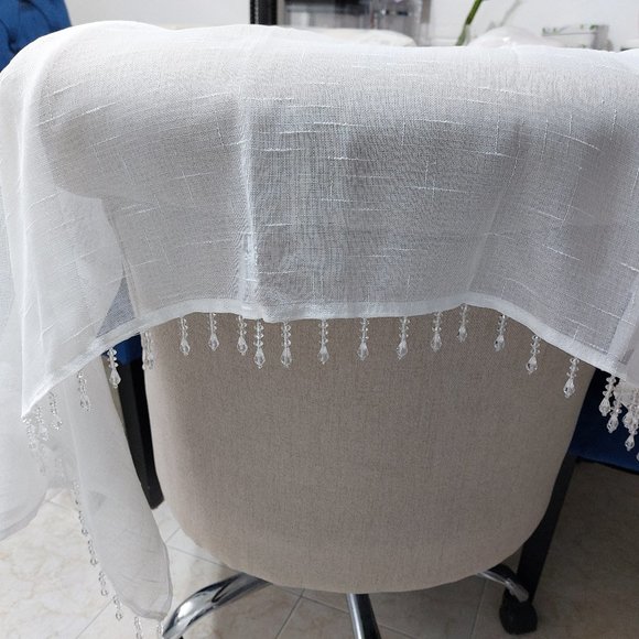 Simple White Sheer Valance With Beautiful Dangling Clear Beads One Piece - Picture 2 of 6